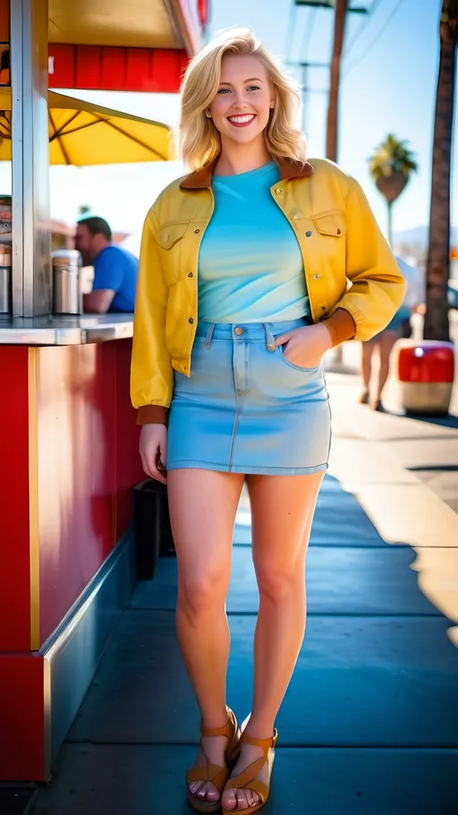 Prompt: Beautiful buxom young blonde woman, blue eyes, smiling, caucasian, yellow jacket, blue tee, light blue denim miniskirt, tan sandals, crowded street, standing outside a Los Angeles Diner ((googie architecture)), sunny day, 8k photo, bosomy physique, shapely legs, casual, realistic, vibrant colors, sunny lighting