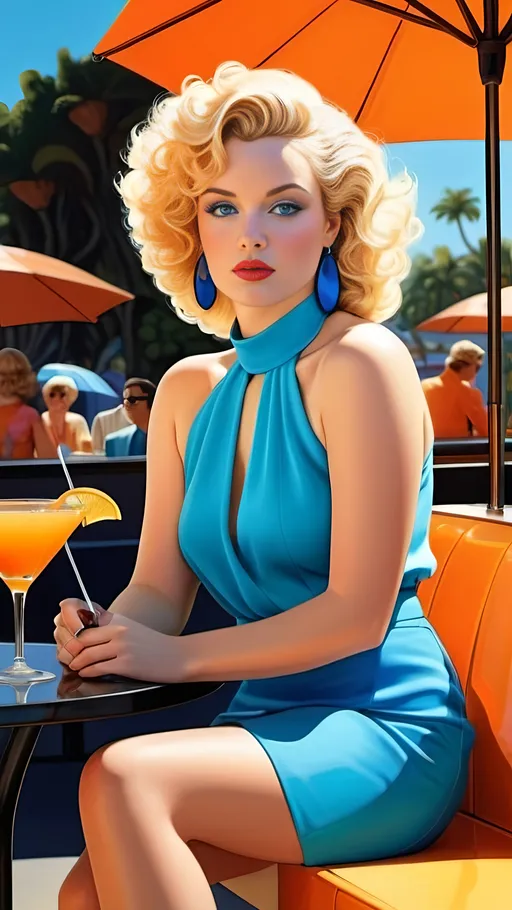 Prompt: ((Curvaceous:2.0 Woman)) with pale skin curly blonde hair and cerulean eyes, orange blouse, yellow mini skirt, orange sneakers, detailed face, long shapely legs, sitting at an outdoor umbrella table with a cocktail, Patrick Nagel style, high-res, digital painting, detailed eyes, professional, 8K digital render, atmospheric lighting, fashionable, 80s retro, vibrant colors,