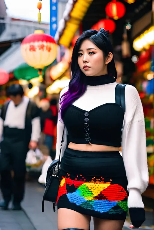 Prompt: Beautiful Japanese young woman ((Plump curvy)), ((love handles)), ((unbuttoned white knit sweater hanging open exposing her torso)), Black bustier & miniskirt, black go go boots, (pretty face), multi-color hair, walking in a Ginza market, 8K photo, high detail, daylight