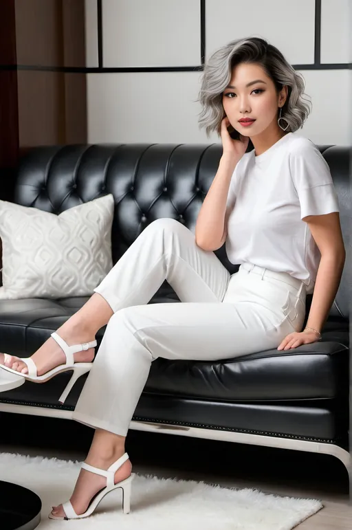 Prompt: Sleek Japanese model, age 21, gray eyes, short wavy multi-color pigment hair, snug white tee, tight white slacks, white sandals, intricate diamond face, upturned nose, long legs, sitting on black leather sofa, cozy living room with white rug, high-res, photo, professional, detailed eyes, stylish, elegant, cozy setting, natural lighting, comely expression, alluring pose, perfect hands, white clothing, black & white room design, art deco style