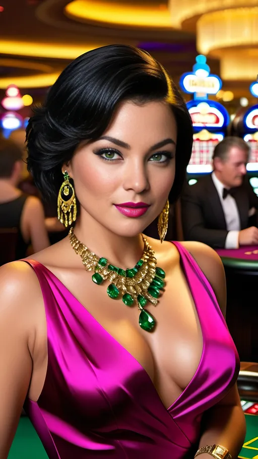Prompt: Exotic Eurasian femme fatale with short black hair, vibrant green eyes, almandine eyes, intricate facial features, curvaceous physique, wearing an elegant fuchsia cocktail dress, adorned with gold jewelry, playing baccarat at a crowded casino table, high-stakes game, 8K resolution, realistic, elegant, detailed, vibrant green eyes, gold jewelry, crowded casino, high-stakes, luxurious, sophisticated, atmospheric lighting