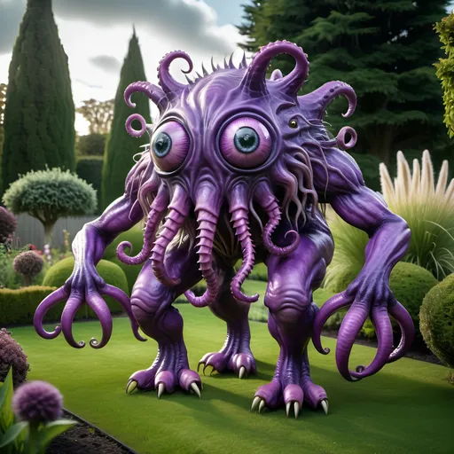 Prompt: Large photorealistic purple monster creature with multiple tentacles, three large eyes on stalks, four large hooves walking across a garden lawn towards rabbits, 8k photo, photorealistic, detailed tentacles, three large eyes, large hooves, garden setting, menacing presence, atmospheric lighting, high quality, realistic color tones, detailed fur textures