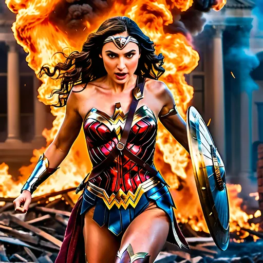 Prompt: Action photo of Gal Gadot|Lynda Carter in Wonder Woman costume, running towards a burning building, intricately detailed face, buxom curvy figure, flames, smoke, cinematic, 8K photo, highly detailed, superhero, heroic, powerful stance, dynamic pose, intense expression, realistic rendering, vibrant colors, dramatic lighting