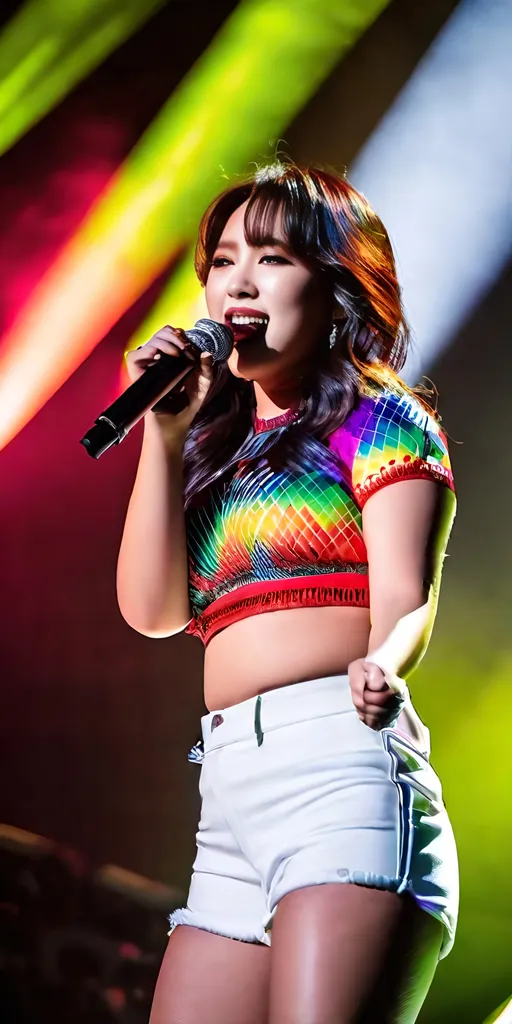 Prompt: Three Beautiful, perfect face, ((Rubenesque bosomy curvy opulent)) Korean Pop Idols|buxom Girls, age 21, wearing colorful crop tops ((bare midriff)) white shorts white boots, dancing on a stage, intricate detail, perfect hands, stage lighting.