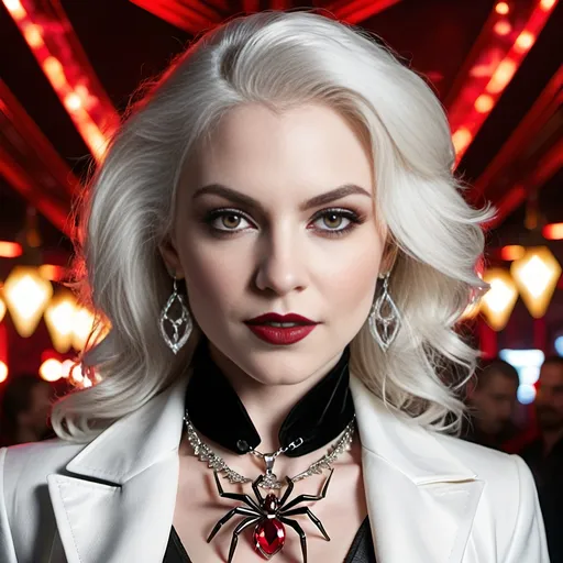 Prompt: Beautiful female vampire, pale white skin, flowing white hair, red eyes, intricate diamond face, prominent cheekbones, intense gaze, sinister smile,  bosomy figure, ((silver spider pendant with large ruby jewel)), red lipstick, white tuxedo jacket, no blouse, white linen slacks & white leather boots, standing in a busy crowded nightclub, 8K photo, highres, detailed, gothic, vampiric, intense eyes, sleek design, professional, dramatic lighting