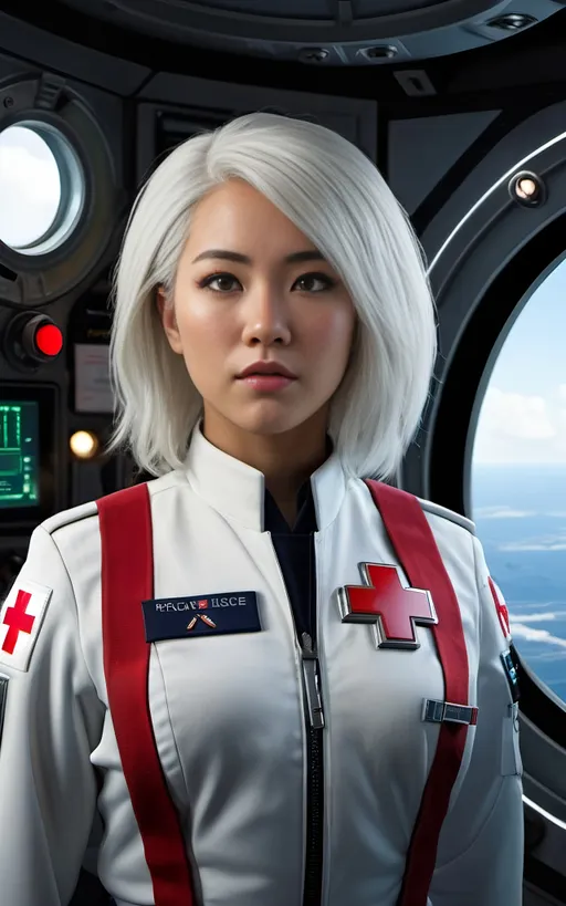 Prompt: Off duty female space force medic, age 25, Japanese, hazel eyes, flowing white hair, green and yellow uniform, red cross insignia, ((standing and gazing out porthole)) of starship, 8k photo, photorealism, sci-fi, detailed uniform, realistic facial features, professional lighting, intense gaze, futuristic starship interior, high quality, ultra-detailed, photorealistic, sci-fi, detailed eyes, realistic hair, detailed uniform, professional lighting