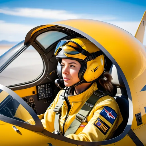 Prompt: Beautiful young female pilot in yellow flight suit, sitting in cockpit of sleek jet fighter with open canopy, preparing for flight, 8k photo, realistic, aviation, detailed cockpit, intense focus, professional, vibrant colors, natural lighting