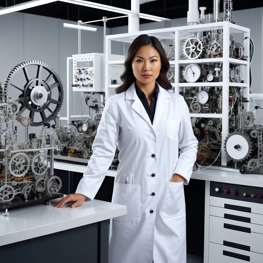 Prompt: Huge Rube Goldberg machine with intricate gears, mechanical appendages, lights, gauges, control levers, meticulously tended to by attractive Asian woman in pristine white lab coat, blouse, slacks, white sneakers, 8k resolution, detailed machinery, professional, modern, intricate design, elegant, meticulous, high-tech, detailed, pristine laboratory setting, atmospheric lighting