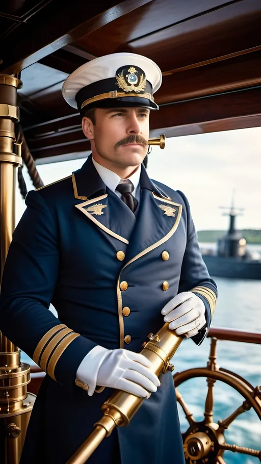 Prompt: Dark-haired, navy captain in blue uniform with gold trim and white cap, standing in the outdoor bridge of a steampunk warship, holding a brass telescope, visible pipes cables gauges, 8k photo, steampunk, detailed, atmospheric lighting, outdoor, professional, highres, brass details, nautical, vintage, intense gaze, captain, sleek design, aged metal, industrial, cool tones