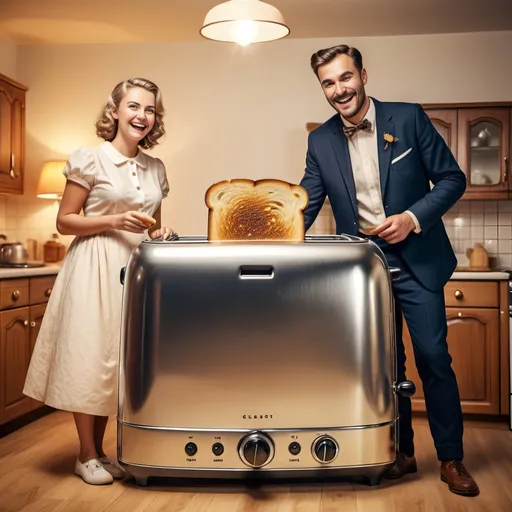 Prompt: Smiling happy couple standing next to an enormously giant gleaming old fashioned toaster appliance with a piece of burnt toast sticking up, family photo, 8K, detailed background, retro colors, warm lighting, joyful atmosphere, detailed facial expressions, vintage style, retro, old-fashioned, joyful, heartwarming, warm tones, high quality, detailed, happy couple, vintage appliance, burnt toast, 8k resolution, detailed background