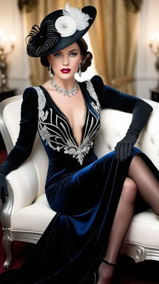 Prompt: Beautiful woman with blue eyes & brunette hair, silver jewelry, intricate oval face, elegant & elaborate black formal dress with velvet and lace detailing, black milliner's hat, fair skin, upturned nose, full bosomy figure, black high heels, long legs, black hosiery, sitting on a white Art Deco loveseat, 8k, detailed, elegant, formal attire, intricate details, portrait, blue eyes, brunette hair, silver jewelry, velvet and lace, milliner's hat, fair skin, upturned nose, full figure, high heels, high resolution, black & white color scheme