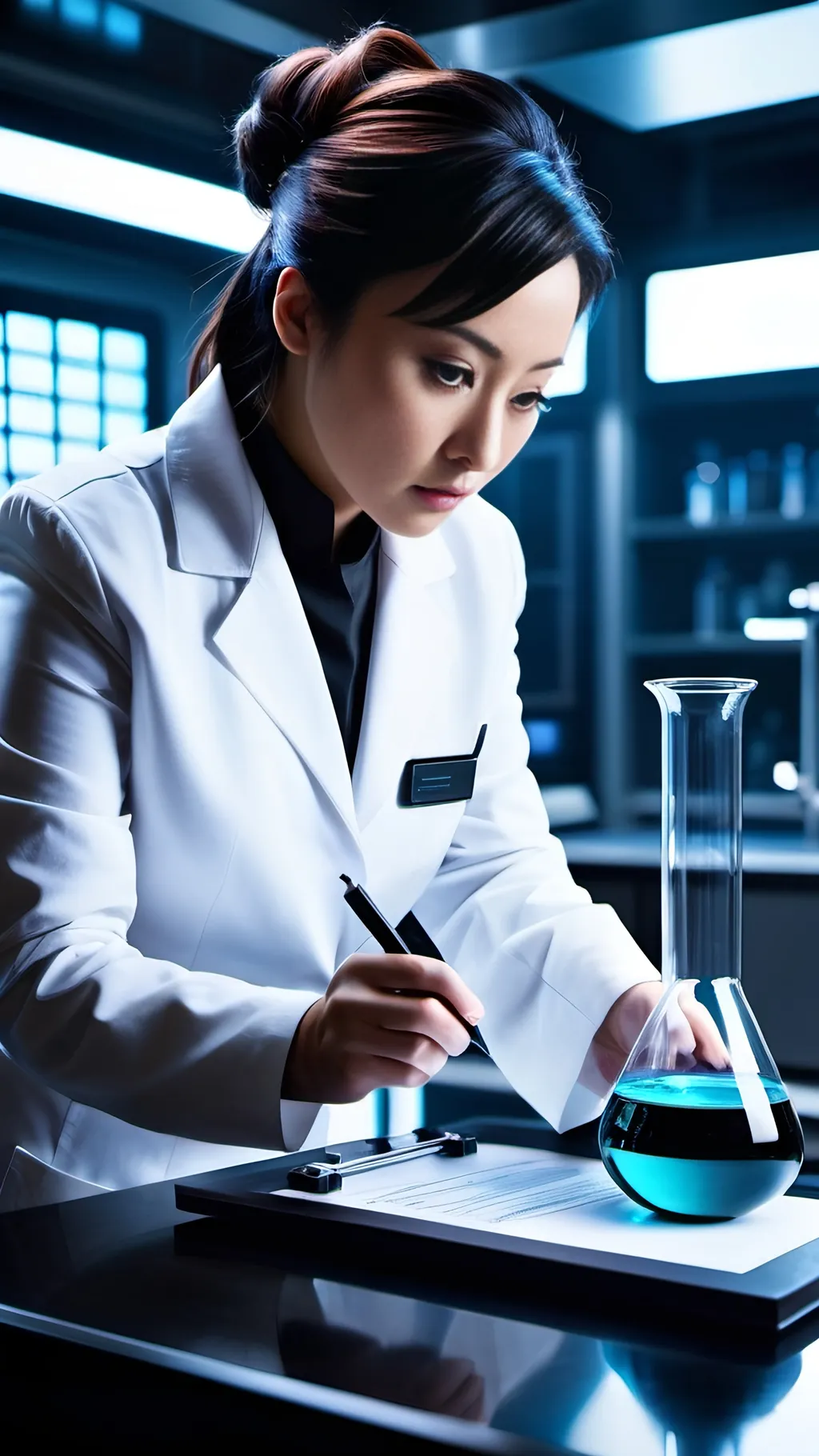 Prompt: Futuristic-sci-fi photo of Keiko Kitagawa, lab coat, white blouse, black pencil skirt, black shoes, holding a clipboard, examining a bubbling beaker in a high-tech lab, intricate facial details, elegant updo hair, 8k, high-quality, futuristic-sci-fi, lab setting, detailed facial features, professional attire, intense gaze, high-tech equipment, atmospheric lighting, sleek design, sci-fi tones