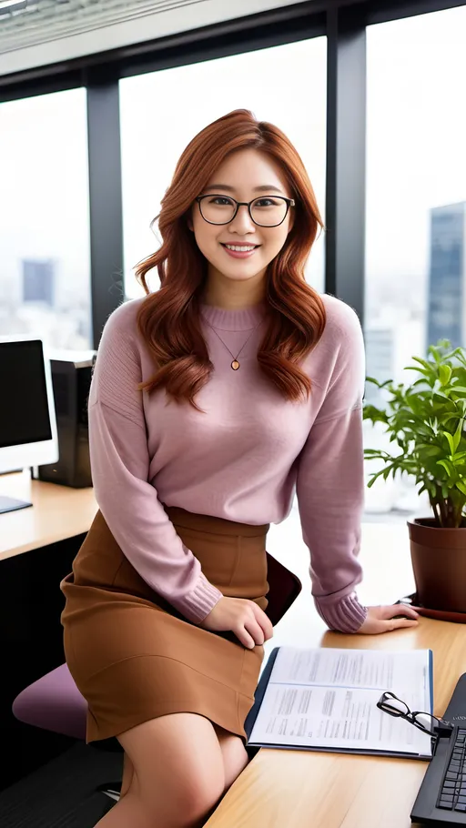 Prompt: Japanese woman, 25 years old, fashionably styled auburn hair, hazel eyes, intricate square face, upturned nose, natural makeup, smiling, black frame glasses, mauve sweater, brown miniskirt, brown boots, crowded office, desks, plants, floor to ceiling windows, Tokyo background, professional, detailed features, 8k photo, realistic curvy physique, office fashion, vibrant, realistic, natural lighting
