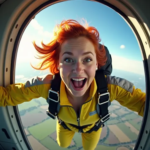 Prompt: Beautiful (buxom Caucasian woman), flame red hair, thrilled & happy expression on her plump round face, wearing a yellow and light green jumpsuit with silver trim, black parachute harness, skydiving out of a plane, (plane door backdrop), rolling farmland below, vibrant sunny day, wispy clouds, (high detail & quality), 8K resolution, professional photography style, dramatic composition, exhilarating atmosphere, ultra-realistic lighting, emphasizing action and motion.