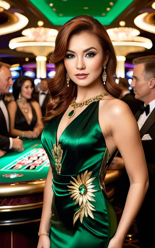 Prompt: Beautiful Eurasian woman, age 25, auburn hair, green eyed, intricately detailed diamond face, gold silk cocktail dress and black heels, gold jewelry, standing in an elegant and crowded casino, James Bond style, 8k photo, high detail