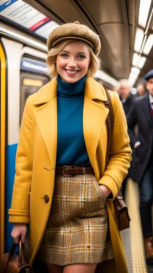 Prompt: 8k photo of a young woman, short blonde hair, blue eyes, beautiful square face, exiting a London subway car, yellow tweed coat, flat cap, white turtleneck sweater, brown tweed skirt, brown leather boots, high street, smile, professional photography, detailed facial features, elegant, classic, sophisticated, vintage, natural lighting, warm tones, best quality, tweed fashion, London subway scene, stylish