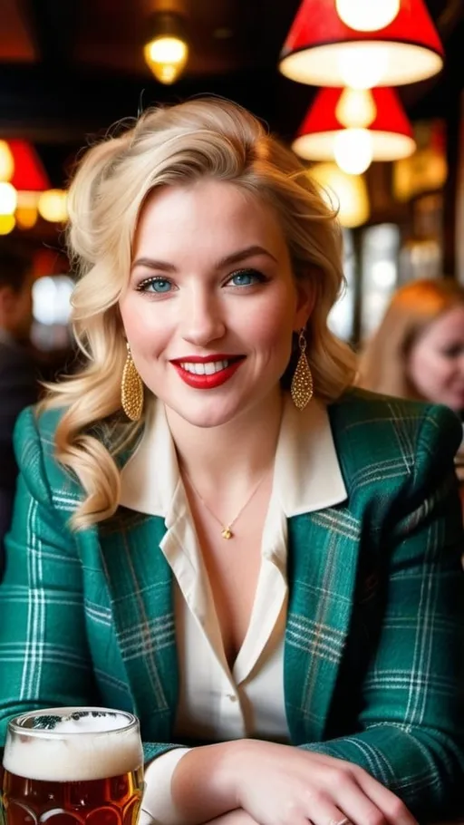 Prompt: Beautiful curvaceous blonde English woman, intricate triangle face, ice-blue eyes, petite upturned nose, gold earrings, light makeup, almond eyes, dark eyebrows, prominent cheekbones, red plaid jacket, white blouse, herringbone tweed red & green mini-skirt, pleasantly plump, smiling, sitting in a crowded Pub eating fish & chips with a beer, 8K photo, realistic, detailed fabric texture, classy, detailed face, chic fashion, London vibe, bustling urban setting, elegant lighting, modern, high quality