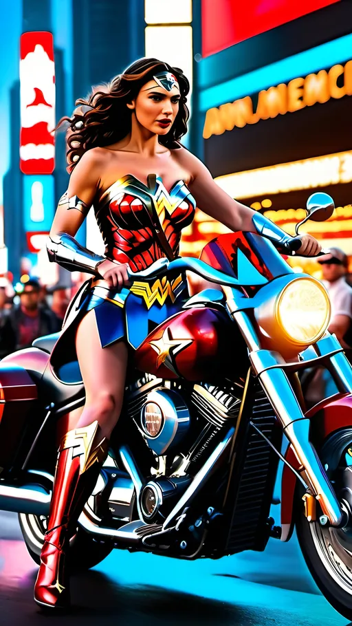 Prompt: Beautiful, buxom & curvy Wonder Woman|(Gal Gadot), riding a silver chopper-style motorcycle, busy crowded Times Square at night, bustling scene, neon lights, 8k photo, detailed facial features, realistic, vibrant colors, dynamic composition, busy urban setting, patriotic, high energy, detailed crowd, night cityscape, American flag emblems, bustling atmosphere, high quality, realistic, vibrant colors, dynamic composition, detailed lighting