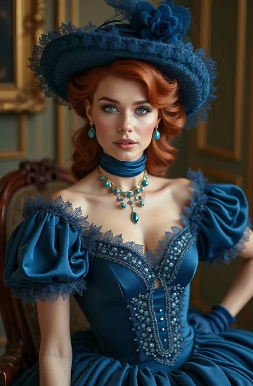 Prompt: Beautiful French woman with blue eyes & Cinnamon-Auburn hair, blue jewelry, intricate oval face, elegant & elaborate formal dress with velvet and lace detailing, blue milliner's hat, olive skin, upturned nose, full bosomy figure, blue high heels, sitting for a portrait photo, luxe belle epoch parlor, 8k, detailed, elegant, intricate details, haughty expression, sophisticated Parisian vibe