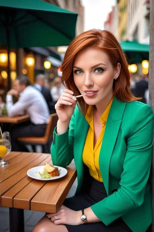 Prompt: Attractive businesswoman eating in a busy sidewalk cafe, flawless diamond face, vibrant green eyes, short stylish chestnut-red hair, yellow blouse, gray blazer and skirt, black pumps, urban city scene, pro lighting, high-res, sharp focus, pro photo, realistic, professional, modern, urban, detailed eyes, stylish design, vibrant, city lights casting a warm glow