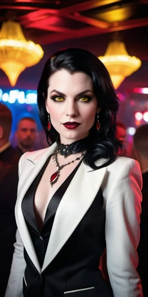 Prompt: Beautiful female vampire, pale white skin, black hair, vibrant yellow eyes, intricate angular face, prominent cheekbones, intense gaze, menacing smile,  opulent figure, white dinner jacket, no blouse, black linen slacks & boots, ((spider necklace with ruby jewel)), red lipstick, standing in a busy crowded nightclub, 8K photo, highres, detailed, gothic, vampiric, intense eyes, sleek design, professional, dramatic lighting