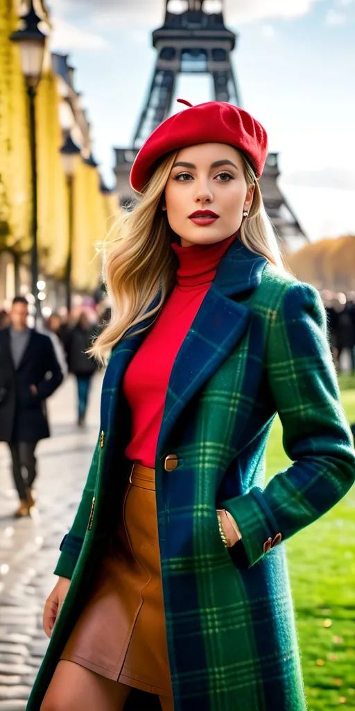 Prompt: 8k photo of a beautiful sophisticated French woman, olive skin, long blonde hair, blue-eyed, upturned nose, natural makeup, tall & leggy, green plaid tweed jacket red turtleneck sweater & beret, brown leather skirt, Prada boots, walking in a busy & crowded Paris park, Eiffel Tower in background, detailed features, realistic, highres, sophisticated, elegant, natural lighting, vibrant colors, realistic curvy physique, natural lush opulent figure, modern fashion, trendy, editorial fashion photography, magazine cover style
