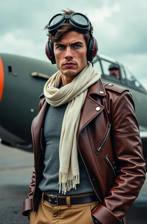 Prompt: Vintage photo of a handsome pilot dark hair, blue eyes, square face, leather jacket, white scarf, gray shirt, khaki trousers, goggles, standing in front of a fighter plane, cloudy sky, cinematic vibe, military insignia, historical, high detail & quality, 8k, pro photo.