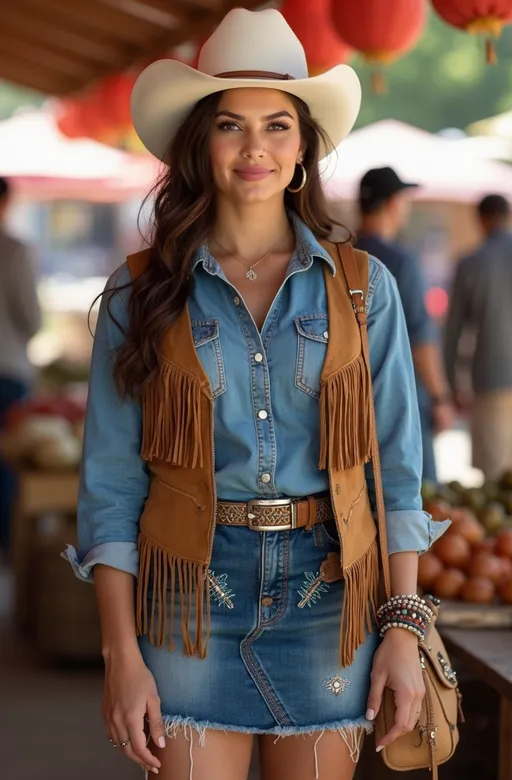 Prompt: (Beautiful curvaceous Hispanic woman), (silky chestnut-brown hair), (piercing gray eyes), stunning facial features, wearing a (chambray shirt), fringed (suede vest), (denim skirt) with (silver and turquoise bead detailing), stylish leather handbag, classic leather boots, unique (white cowboy hat), subtle smile on her golden-ratio face, standing confidently in a vibrant farmer's market scene, American-Southwest setting, (8k resolution), (professional photography), (ultra-detailed), inviting atmosphere, soft afternoon lighting enhancing the colors.