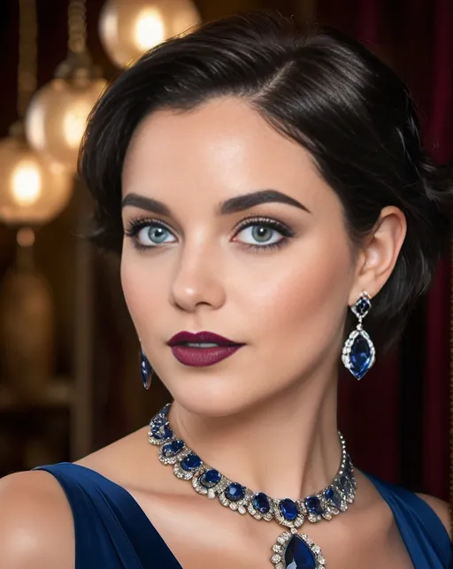 Prompt: Beautiful model, short blue-black hair, arched eyebrows, vibrant blue eyes, intricate square face, upturned nose, cupid's bow mouth, maroon lipstick, rosy complexion, diamond pendant earrings, elaborate diamond & sapphire necklace & pendant, apricot silk jewel-neck blouse, high-res, professional portrait, warm lighting, jewelry advertisement, detailed jewelry, highly detailed facial features