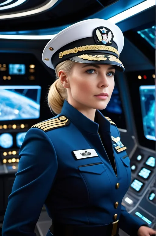 Prompt: Female military officer in navy jacket, blue shirt, black slacks, black pumps, short blonde hair, blue eyes, white officers cap with gold braid, rank insignia, standing in the busy and highly detailed bridge of a futuristic space cruiser, issuing orders to the bridge crew, elaborate control panels and operators stations, 8k photo, futuristic, military officer, detailed bridge, navy jacket, short blonde hair, blue eyes, officers cap, rank insignia, detailed control panels, black slacks, black pumps, elaborate, futuristic space cruiser, busy environment, highly detailed, professional attire, high quality, 8k photo, commanding presence