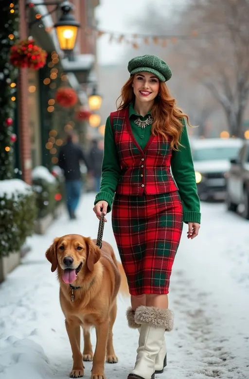 Prompt: (Beautiful woman with green eyes & cinnamon hair), stylish (red & green plaid) tartan sweater vest, (matching pencil skirt and beret), vibrant green blouse, fashionable white leather boots (with fur trim), emphasizing her (curvy bosomy physique), joyfully walking her friendly golden retriever dog, snowy high street adorned with (festive decorations), bright clear day, mood: happy & joyful, (cheerful holiday spirit), (highly detailed), reminiscent of a Christmas postcard, (8K), (photorealistic), (professional quality photo).