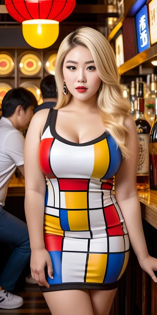 Prompt: Beautiful elegant blonde rubenesque, bottom-heavy, Japanese woman, age 25, intricately detailed chubby round face, wearing Mondrian print minidress, sneakers, standing in a busy & crowded bar, high detail, 8K photo.