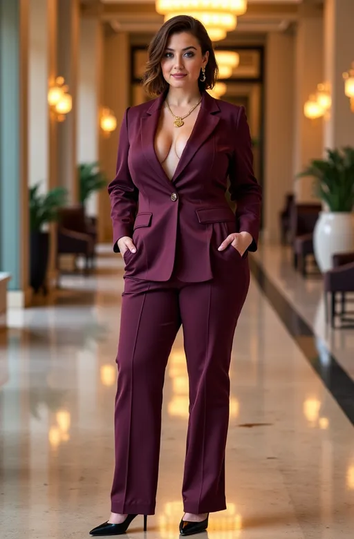 Prompt: Strikingly beautiful curvy young woman with piercing blue eyes, shag cut short chestnut hair, lovely diamond face, modest gold jewels, stylish mauve pantsuit, black pumps, standing in a luxe lobby, high detail & quality, 8k, well lit, pro photo.