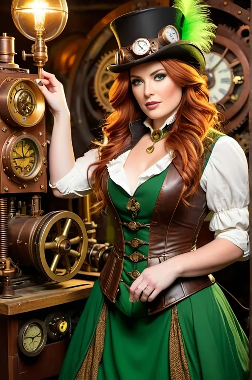 Prompt: Beautiful steampunk woman, long auburn hair, vibrant green eyes, upturned nose, perfect diamond face, buxom physique, green tabard vest, leather duster, yellow brown & green tweed skirt, white ruffled blouse, leather top hat, clockwork gears, copper, brass, glass, operating the controls of a Rube Goldberg time machine, Victorian scene, high-res, pro lighting, pro photography, steampunk style, high energy vibe, glowing machine, beautiful face, flawless skin