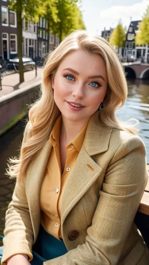 Prompt: Curvaceous beautiful woman, long blonde hair, blue eyes, perfect heart shaped face, arched eyebrows, yellow-tan tweed jacket, apricot blouse, khaki skirt, brown fashion boots, sitting in a canal-side cafe in Amsterdam, sunny day, high-res, pro photo, realistic, warm tones, detailed background, canal-side cafe, European fashion, sunny ambiance, detailed facial features