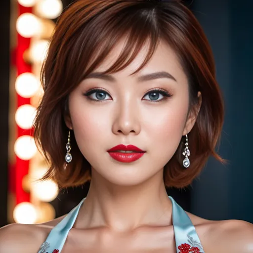 Prompt: High-resolution advertisement-style ((Head to waist shot)) of a stunning young Japanese woman, 8K, detailed short auburn hair, captivating ice blue eyes with upturned almond shape, petite nose, pronounced cheekbones, heart-shaped face, subtle makeup, bright ruby red lips, elegant white low-cut minidress, bosomy physique, intricate detail, advertising style, professional lighting, high quality, detailed eyes, professional, stylish