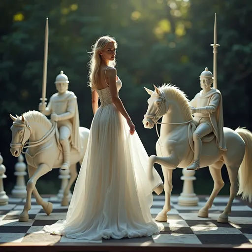 Prompt: Professional cinematic photo of a chessboard, chess pieces portrayed by human actors, exquisite blonde queen in a flowing white gown, striking and elegant pose positioned gracefully in the corner, flanked by sturdy banner-carrying pawns in crisp white uniforms, powerful mounted knight on a majestic white horse holding his sword high, a wizened bishop in white robes holding a long lance and bible is positioned on the queen's flank. High detail and quality, Refined faces and skin details. 8k resolution, soft ambient lighting casts gentle shadows, dynamic composition and rich textures bring the scene to life.