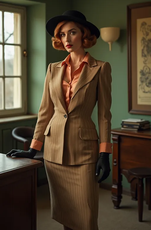 Prompt: Beautiful French femme fatale with short silky cinnamon hair, piercing green eyes, gorgeous diamond face, upturned brows, peach silk blouse, tan pin-striped blazer & matching pencil skirt, black pumps, black gloves, black milliners hat, capturing the sultry allure of her bosomy curvy full-figure, standing in a shabby 1930s office, leaning towards the camera, intense expression, film noire ambiance, high detail & quality, incandescent light, 8k, cinematic photo.