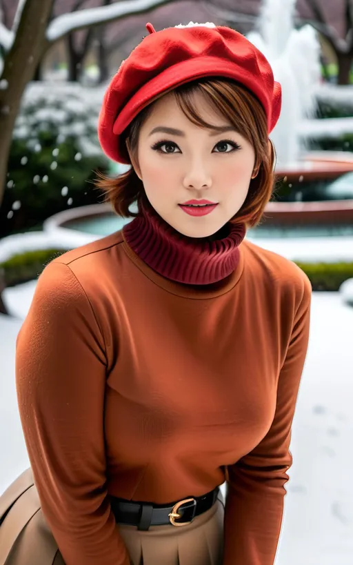 Prompt: 8k photo of a beautiful sophisticated Japanese woman, short auburn hair, hazel-eyed, upturned nose, natural makeup, buxom bosomy, rust red turtleneck sweater & beret, khaki leather miniskirt, Prada boots, standing in a crowded & snowy Tokyo park with a huge fountain in the background, detailed features, realistic, highres, sophisticated, elegant, natural lighting, vibrant colors, realistic curvy physique, modern fashion, trendy, editorial fashion photography, magazine cover style, snowy winter scene