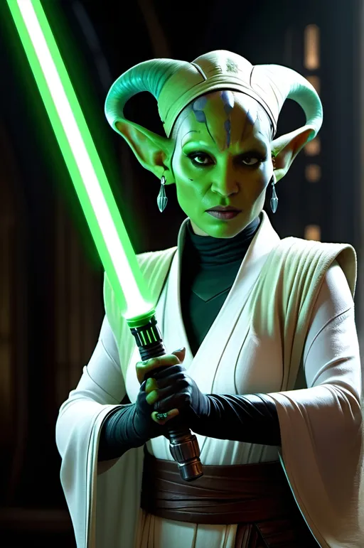 Prompt: High-res cinematic depiction of a female Twi'lek Jedi Knight in flowing white robes, wielding a glowing green lightsaber, seedy alien bar setting, dark and moody lighting, realistic, detailed Twi'lek features, intense combat stance, cinematic quality, Star Wars, sci-fi, detailed environment, dynamic lighting