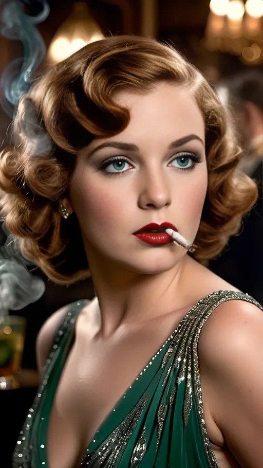 Prompt: 1930s chic French lady smoking:2.0 a cigarillo, wafts of smoke around her face, curly auburn hair, green eyes, sultry expression, curvaceous figure, silver cocktail dress, smokey club, dark and moody, detailed facial features, vintage glamour, bustling crowded background, 8k photo, high quality, detailed facial features, vintage glamour, smokey club, dark and moody, bustling crowded background