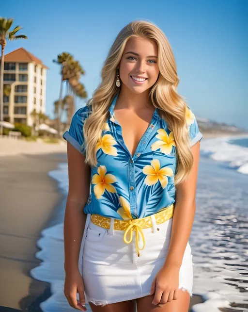 Prompt: beautiful suntanned California girl age 18 with long blonde hair, ice blue eyes, beautiful face, warm smile, curvaceous physique, hourglass figure, advertising style, tropical print blouse, denim miniskirt, white sneakers with yellow laces, standing, Del Coronado resort background, high-res photo, 8k, professional photography, high detail, intricate facial features, long flowing hair, beach setting