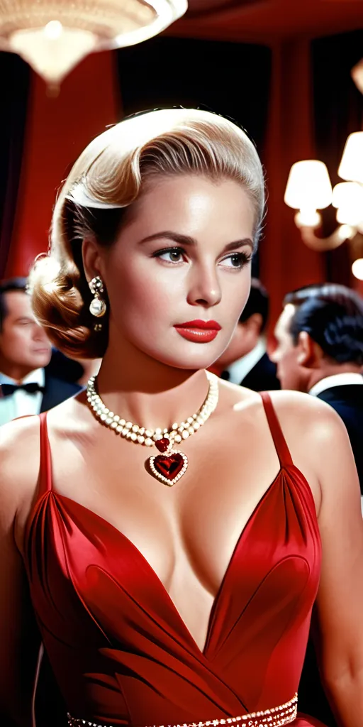 Prompt: beautiful elegant Grace Kelly|Ursula Andress standing in a luxurious casino, buxom curvy full-figured, pale skin, flowing blonde hair, flame red Givenchy cocktail dress, intricately detailed heart-shaped face, highly detailed, cinematic, James Bond style, 8K photo.