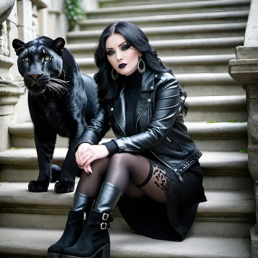 Prompt: A beautiful pale skinned sorceress with black hair sitting on an exterior stone staircase with her pet black leopard, wearing ((all black ensemble knit sweater hosiery leather jacket miniskirt gogo boots)), black makeup, intricate face, high detail, 8K photo.