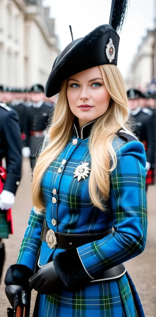 Prompt: Curvaceous elegant beautiful woman with long blonde hair, blue eyes, intricate diamond face, traditional Palace Guard Tartan uniform, black boots, black fur hat, standing in a crowded London plaza, high-res, fashion photography, high detail, daylight, sharp focus, lady King's Guard