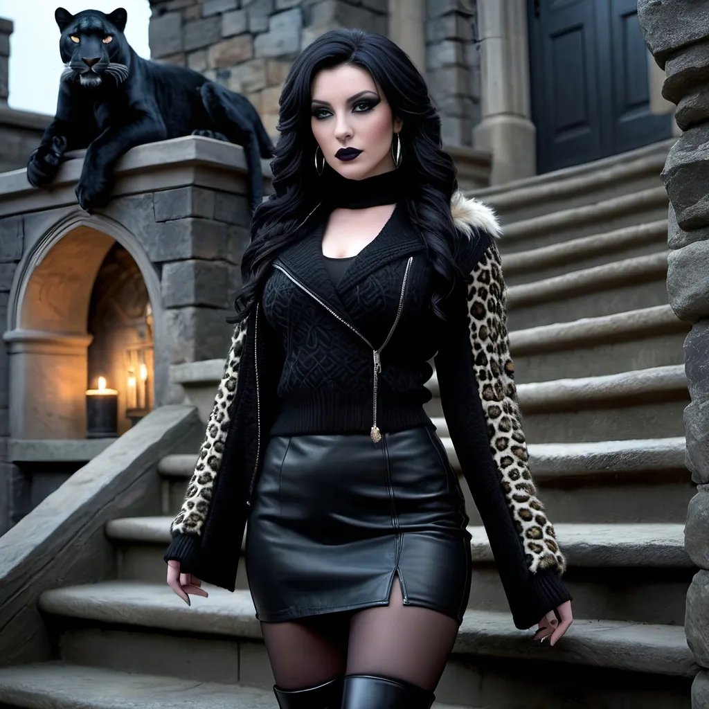 Prompt: Beautiful pale skinned sorceress, black hair, exterior stone staircase, pet black leopard, photorealism, all black ensemble, knit sweater, hosiery, leather jacket, miniskirt, gogo boots, black makeup, intricate face, high detail, 8K photo, photorealistic, detailed, exterior setting, atmospheric lighting