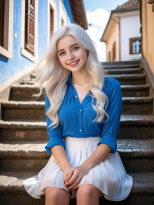 Prompt: Beautiful girl, age 20, blue-eyed, flowing white hair, wearing blue blouse, white pleated skirt, intricate face, pale skin, freckles, wan smile, heart-shaped face, sitting on staircase, European street scene background, high detail, 8k photo, daylight, portrait, elegant, detailed hair, delicate features, soft lighting, European architecture, serene vibe