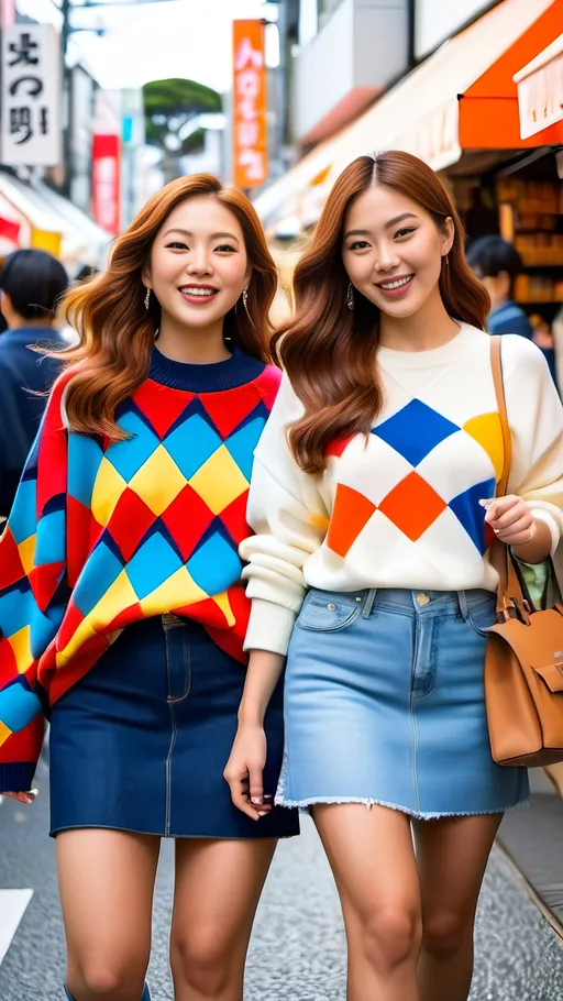 Prompt: Two curvaceously thick Japanese models in geometric print sweaters, denim miniskirts, and sneakers, walking in Takeshita-dori market, Harajuku, high-res photo, bright and vibrant, street fashion, modern, detailed diamond faces, long thick auburn hair, smiling, thick shapely legs, bosomy:2.0, thick physique, youthful energy, colorful outfits, joyful expressions, urban setting, trendy, sunny day, vibrant colors, dynamic composition, detailed clothing, modern street style, high quality, sharply focused faces, energetic, bustling atmosphere