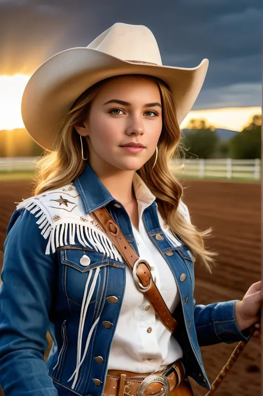 Prompt: Pretty teenage rodeo girl, wearing a (blue denim jacket with white fringe detail), (chambray shirt), (brown suede fringed skirt), (white cowboy boots), (cowboy hat), holding a lasso, warm light, photorealistic, professional photo, high-res, detailed textures, crisp focus, warm and inviting atmosphere, golden hour lighting, ranch background with fencing and open fields, vibrant colors, 4K, ultra-detailed.
