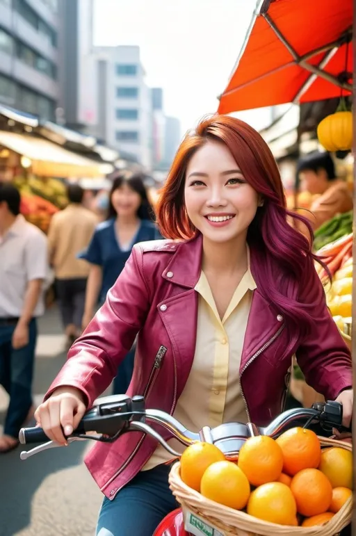 Prompt: Beautiful Japanese woman, smile, long (auburn-magenta tinted hair), red & orange motorcycle jacket, yellow blouse, white pleated skirt, tan leather sandals, curvaceous figure, shopping in a Tokyo vegetable market, daytime, bustling and crowded market scene, vibrant colors, lively and energetic atmosphere, detailed vendor stalls filled with fresh produce, city backdrop with tall buildings, bright natural sunlight, mood of everyday life, photorealistic, professional photo, high-res, ultra-detailed.